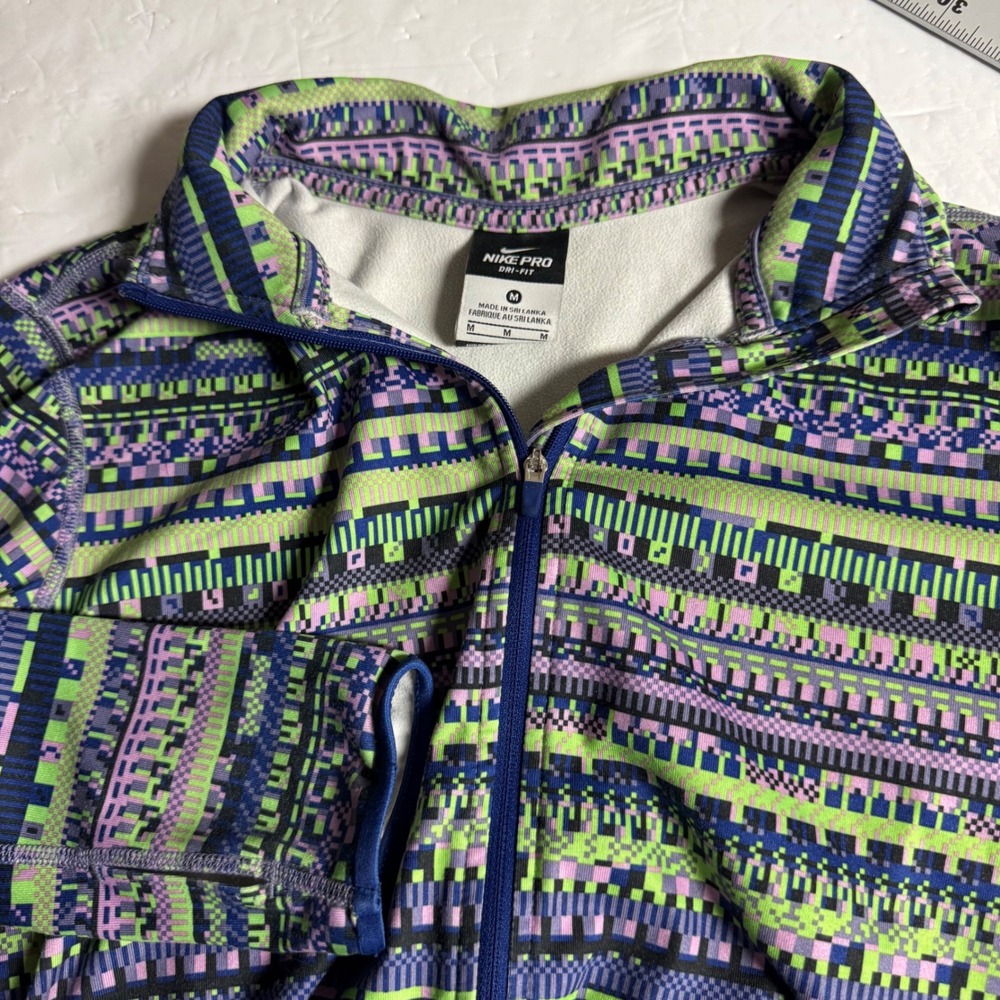 Nike Pro Dri-FIT Womens Quarter Zip Pullover Geometric Pixel Purple Green M